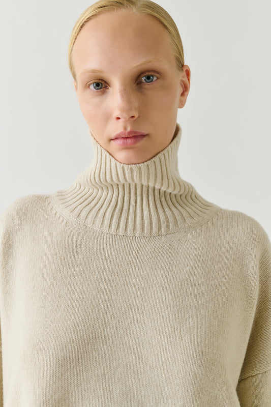 Pullover William - Ecru Meliert Merinowolle Stehkragen - Soeur